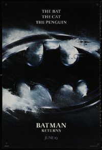5h0817 BATMAN RETURNS teaser DS 1sh 1992 Burton, Keaton, The Bat, The Cat, The Penguin, logo design!