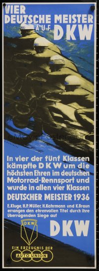 5h0576 DKW 13x36 German commercial poster 1980s V. Mundorff art of men on speeding motorcycles!