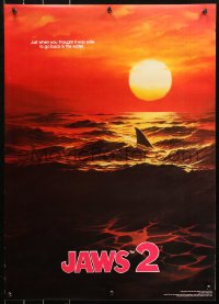 5h0589 JAWS 2 20x28 commercial poster 1980s art of man-eating shark's fin in red water at sunset!