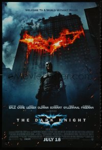 5h0871 DARK KNIGHT int'l advance DS 1sh 2008 Christian Bale as Batman in front of burning bat symbol!