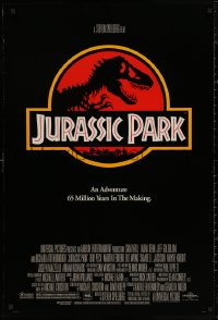 5h0963 JURASSIC PARK DS 1sh 1993 Steven Spielberg, classic logo with T-Rex over red background