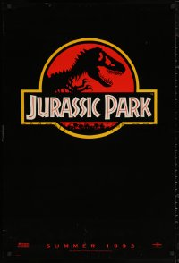 5h0964 JURASSIC PARK teaser DS 1sh 1993 Steven Spielberg, classic logo with T-Rex over red background