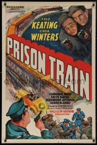 5h1055 PRISON TRAIN 1sh 1938 Fred Keating, art of car chasing train & cops fighting convicts!