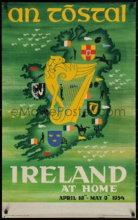 5h0475 IRELAND AT HOME 25x39 Irish travel poster 1954 Melai art of harp, flags and coat-of-arms!