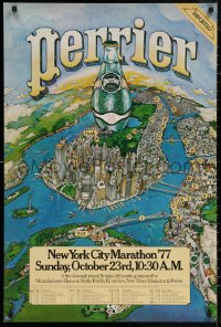 5h0737 NEW YORK CITY MARATHON 25x36 special poster 1977 art of giant Perrier water bottle over NYC!