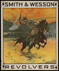5h0648 SMITH & WESSON REVOLVERS 18x22 advertising poster 1964 cowboy on horse firing gun by Smith!