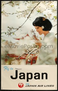 5h0479 JAPAN AIR LINES JAPAN 25x39 Japanese travel poster 1967 woman, sakura at Heian Shrine!