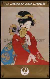 5h0478 JAPAN AIR LINES 25x39 Japanese travel poster 1968 art of woman in a red kimono by Uemura!