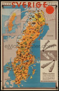 5h0484 SVERIGE 23x36 Swedish travel poster 1931 great map artwork of the country, ultra rare!