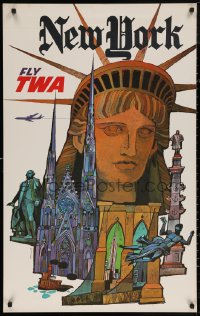 5h0485 TWA NEW YORK 25x40 travel poster 1960s David Klein art of Statue of Liberty & more, ultra rare!