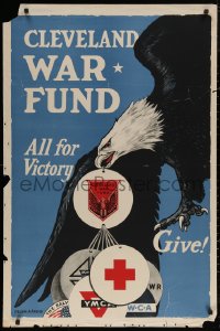 5h0454 CLEVELAND WAR FUND 28x42 WWI war poster 1917 Arend art of a bald eagle carrying fund tags!