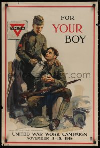 5h0457 FOR YOUR BOY 20x30 WWI war poster 1918 art of soldiers at YMCA by Arthur William Brown!