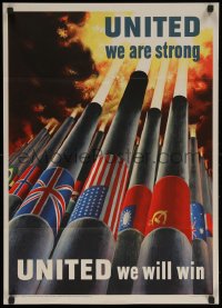 5h0445 UNITED WE ARE STRONG 20x28 WWII war poster 1943 WWII, Koerner art of cannons firing together!