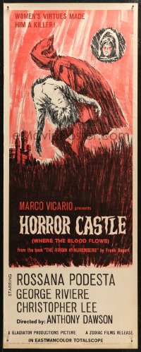 5j0570 HORROR CASTLE insert 1964 Where the Blood Flows, cool art of cloaked figure carrying girl!