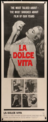 5j0585 LA DOLCE VITA insert 1961 Federico Fellini, full-length sexy Anita Ekberg holding kitten!