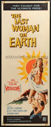 5j0587 LAST WOMAN ON EARTH insert 1960 ultra sexy artwork of near-naked girl & men fighting for her!