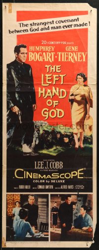 5j0589 LEFT HAND OF GOD insert 1955 art of priest Humphrey Bogart holding gun + sexy Gene Tierney!