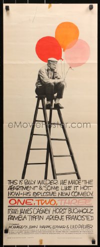 5j0607 ONE, TWO, THREE insert 1962 wonderful image of Billy Wilder on ladder with balloons!