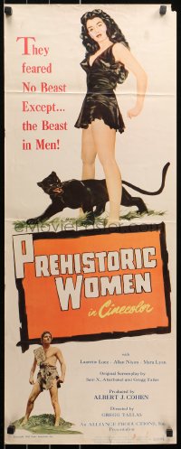 5j0615 PREHISTORIC WOMEN insert 1950 Laurette Luez is held down by man threatening her with a torch!