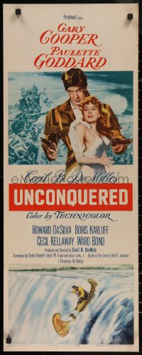 5j0659 UNCONQUERED insert R1955 art of Gary Cooper with sexy Paulette Goddard & two guns!