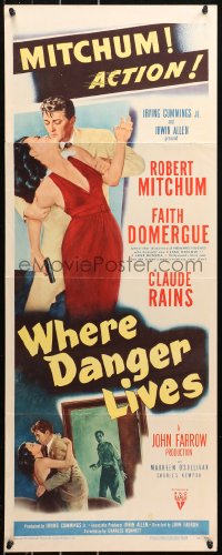 5j0666 WHERE DANGER LIVES insert 1950 Zamparelli art of Robert Mitchum & Domergue + Rains with gun!