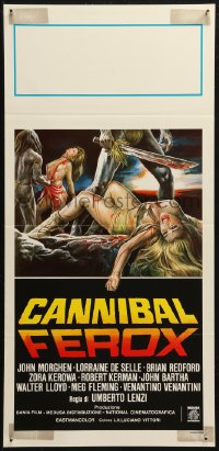 5j0688 CANNIBAL FEROX Italian locandina 1981 Umberto Lenzi, natives w/machetes torturing women!