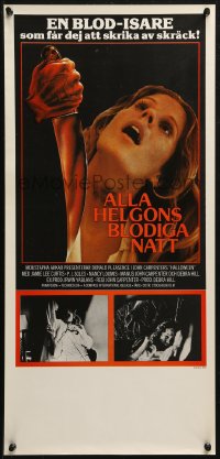 5j0055 HALLOWEEN Swedish stolpe 1979 John Carpenter classic, different image of P.J. Soles attacked!