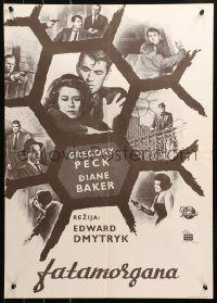5j1133 MIRAGE Yugoslavian 20x28 1965 cool artwork of Gregory Peck & Diane Baker!
