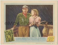 5k0879 AFRICAN QUEEN LC #3 1952 Humphrey Bogart & Katharine Hepburn on boat drenched in the rain!