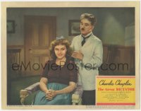 5k1074 GREAT DICTATOR LC 1940 barber Charlie Chaplin gives haircut to lovely Paulette Goddard!