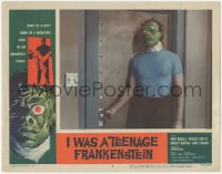 5k1139 I WAS A TEENAGE FRANKENSTEIN LC #4 1957 great close up of wacky monster opening door!