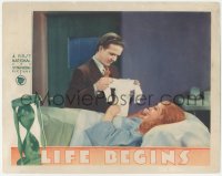 5k1207 LIFE BEGINS LC 1932 Eric Linden hands baby outfit to mother-to-be Loretta Young in hospital!