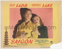 5k1385 SAIGON LC #4 1948 best close up of sexy Veronica Lake holding Alan Ladd with gun!