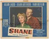 5k1406 SHANE LC #7 1953 close portrait of smiling Van Heflin standing behind pretty Jean Arthur!