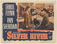 5k1418 SILVER RIVER LC #6 1948 Ann Sheridan in buckskin looks down at gambler Errol Flynn on horse!