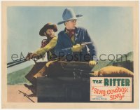 5k1420 SING COWBOY SING LC 1937 Tex Ritter points his gun as Fuzzy drives the stagecoach!