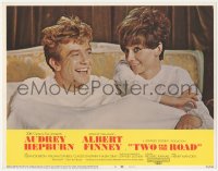 5k1513 TWO FOR THE ROAD LC #8 1967 close up of Audrey Hepburn & Albert Finney laughing in bed!