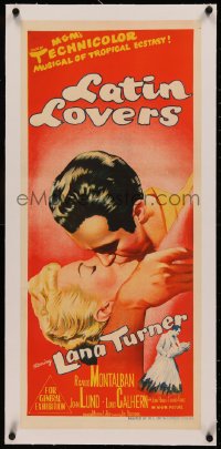 5p0029 LATIN LOVERS linen Aust daybill 1953 hand litho of Lana Turner & Ricardo Montalban kissing!