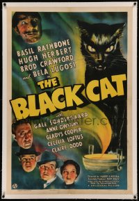 5p0141 BLACK CAT linen 1sh 1941 Bela Lugosi, Basil Rathbone, ultra rare Universal horror, cool art!