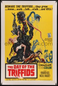 5p0163 DAY OF THE TRIFFIDS linen 1sh 1962 classic English sci-fi horror, cool art of monster with girl!