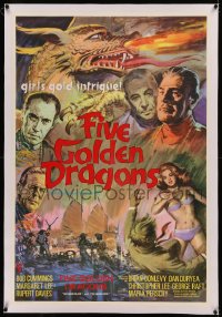 5p0040 FIVE GOLDEN DRAGONS linen English 1sh 1967 montage art of Chris Lee, Kinski, Raft & Cummings!