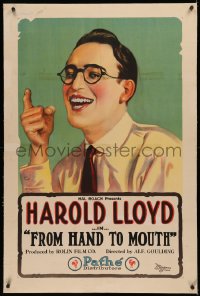 5p0182 FROM HAND TO MOUTH linen 1sh 1919 art of Harold Lloyd in his trademark glasses, ultra rare!