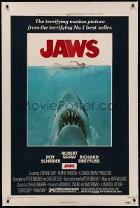 5p0204 JAWS linen 1sh 1975 Roger Kastel art of Spielberg's man-eating shark attacking sexy swimmer!