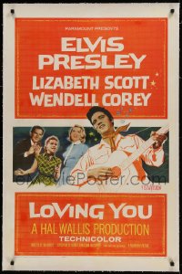 5p0222 LOVING YOU linen 1sh 1957 Elvis Presley playing guitar, Lizabeth Scott & Dolores Hart!