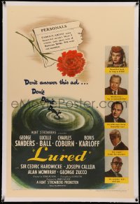 5p0225 LURED linen 1sh 1947 artist seeks beautiful model, Lucille Ball, Boris Karloff, murder!