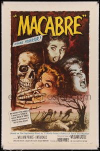 5p0226 MACABRE linen 1sh 1958 William Castle, Besser art of skeleton & screaming girls in graveyard!