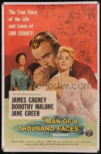 5p0229 MAN OF A THOUSAND FACES linen 1sh 1957 art of James Cagney as Lon Chaney Sr. by Reynold Brown!