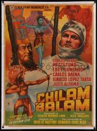 5p0053 CHILAM BALAM linen Mexican poster 1955 Moctezuma, art of natives & conquistador, rare!