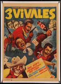 5p0057 LOS TRES VIVALES linen Mexican poster 1958 great gambling & guns art by Ernesto Garcia Cabral