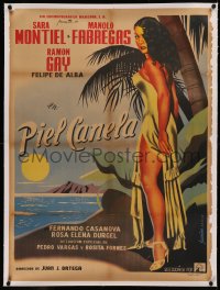 5p0060 PIEL CANELA linen Mexican poster 1953 Juanino art of sexy tropical Sara Montiel by the ocean!